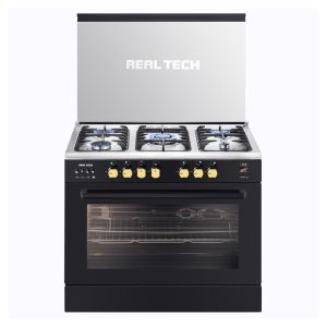 Real Tech 5-burner gas cooker, 60*90cm, Torino Cast, fan, digital display, black steel, code 901303
