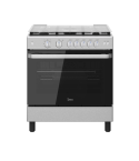 Midea 5-burner silver gas cooker with safety features, cast iron grates, and fan MFOMG36LESSVT