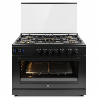 Fresh 5-burner 90cm Matrix Plus gas cooker, black, with fan, digital timer, safety combustion chambers, code 23140
