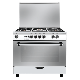 Fresh gas stove 5 burners 90 cm jumbo stainless steel safety fan full ignition oven copper stove code 6271